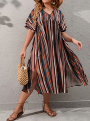  Women's Short Sleeve Striped Split Dress