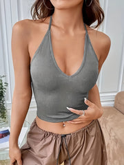 Solid V Neck Tank Top Halter Top