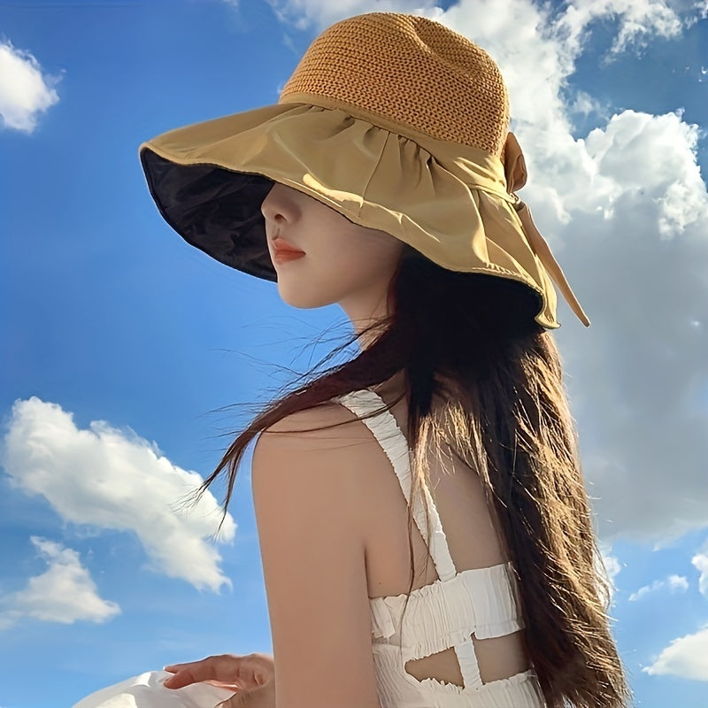 Straw Sun Hat Summer Solid Bowknot Beach Hat Women Breathable Sports Sun Hats