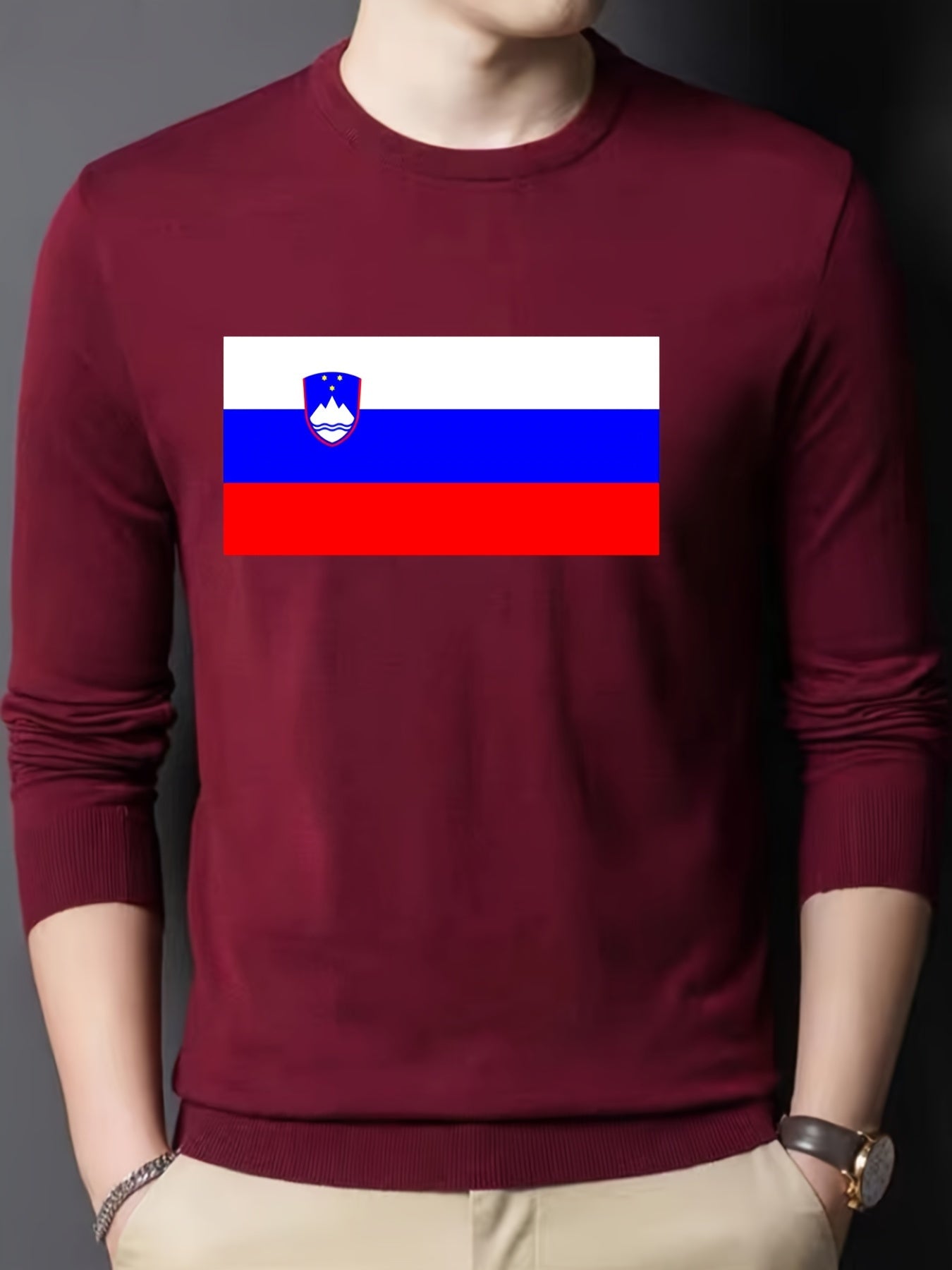 Slovenian Flag Print Men's Knitted Sweater Slim Fit Crew Neck Tops