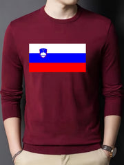 Slovenian Flag Print Men's Knitted Sweater Slim Fit Crew Neck Tops