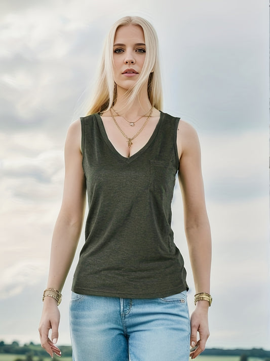 Pocket V Neck Tank Top for Summer