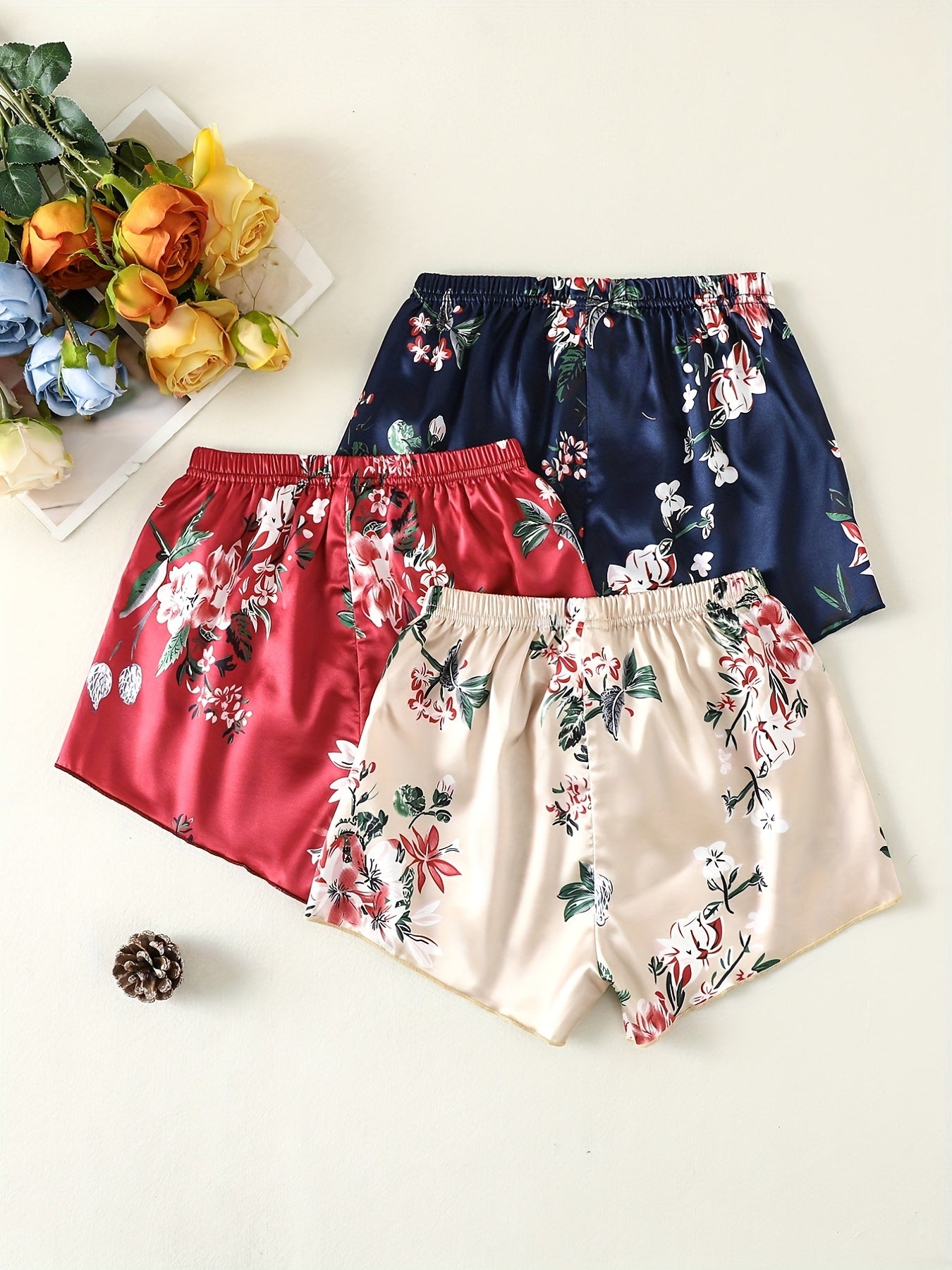 3pcs Girls Random Flower Print Shorts Soft Comfortable Breathable Kids Clothes