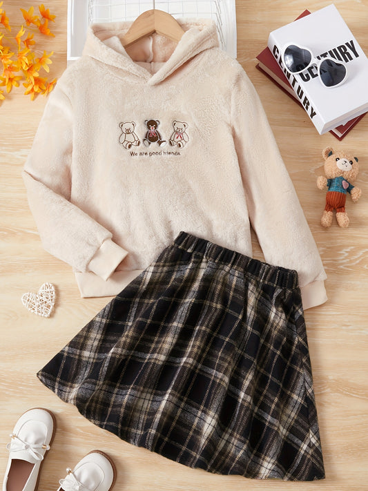 Girl's Preppy Style Outfit 2pcs Fleece Thermal Hoodie & Plaid Skirt Set