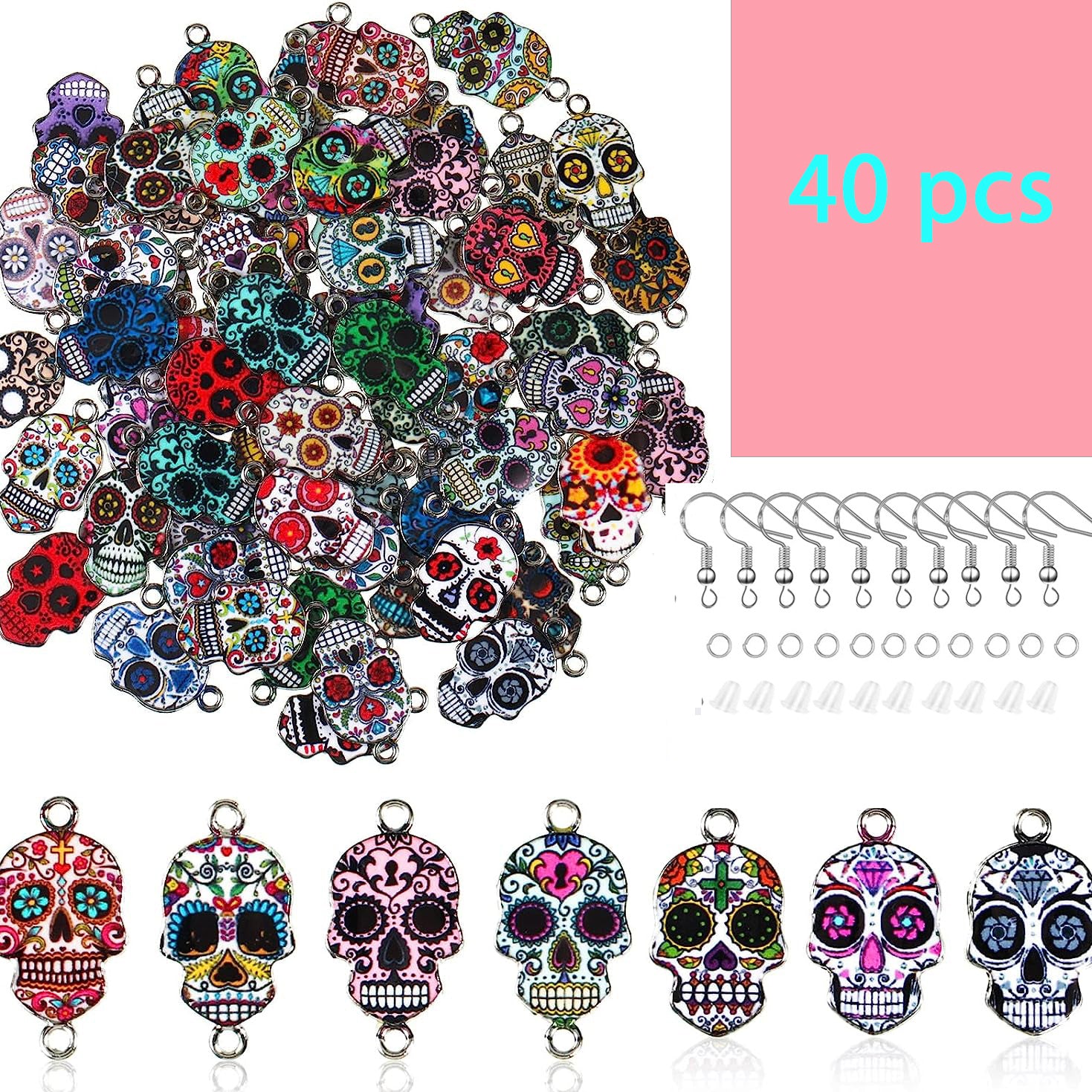 80pcs Halloween Skull Charms Dead Flower Enamel Skull Pendants Alloy Charms