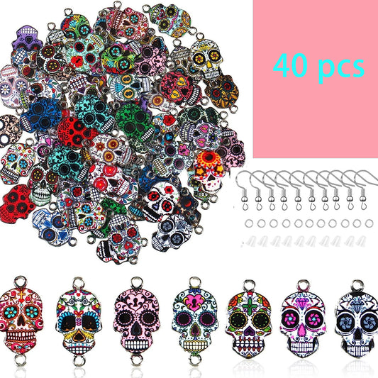80pcs Halloween Skull Charms Dead Flower Enamel Skull Pendants Alloy Charms