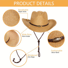 Summer Straw Cowboy Hat Western Style Unisex Windproof Crushable Hat