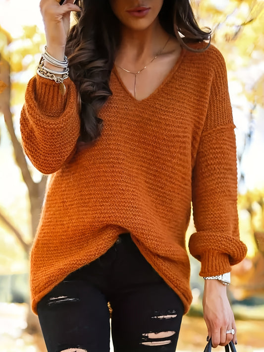  V Neck Solid Ribbed Long Sleeve Sweater