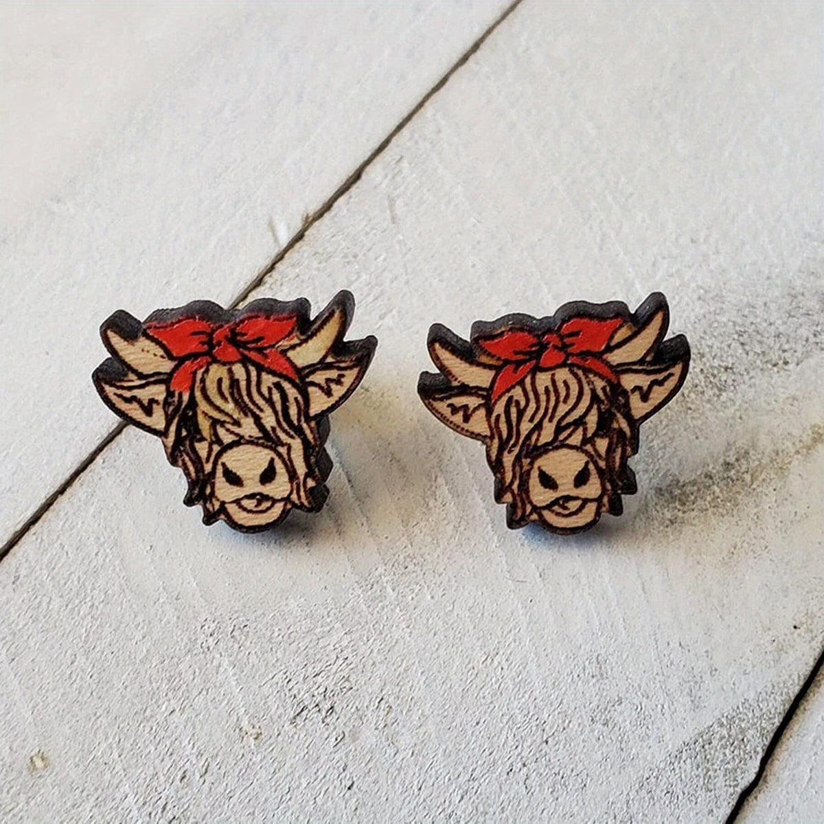 Highland Cow Head Red Bowknot Earrings Retro Bohemian Style