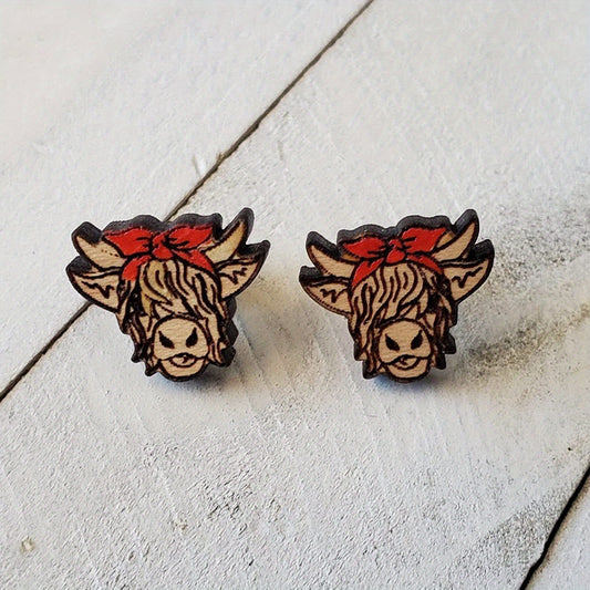 Highland Cow Head Red Bowknot Earrings Retro Bohemian Style