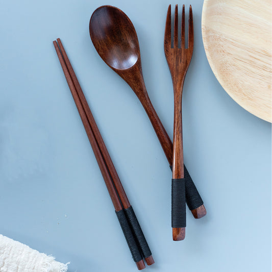 3pcs Japanese Wooden Tableware Spoon Chopsticks Fork Set