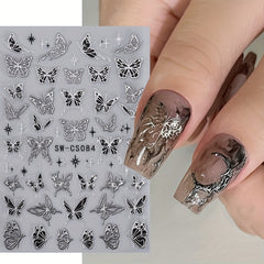 Metal Butterfly Nail Art Stickers with Red Rose Decals 3D and Silver Designs