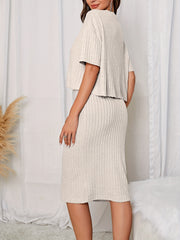 Ribbed Two piece Set V Neck Short Sleeve Tops & Bag Hip Midi Skirts