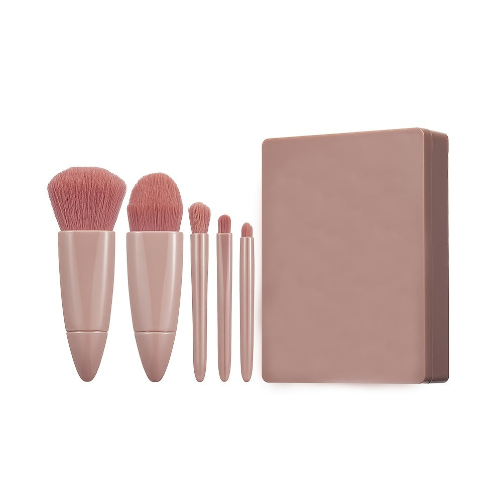 5pc Makeup Brush Set w/ Mirror & Storage Box Portable Soft Fiber Cosmetic Kit