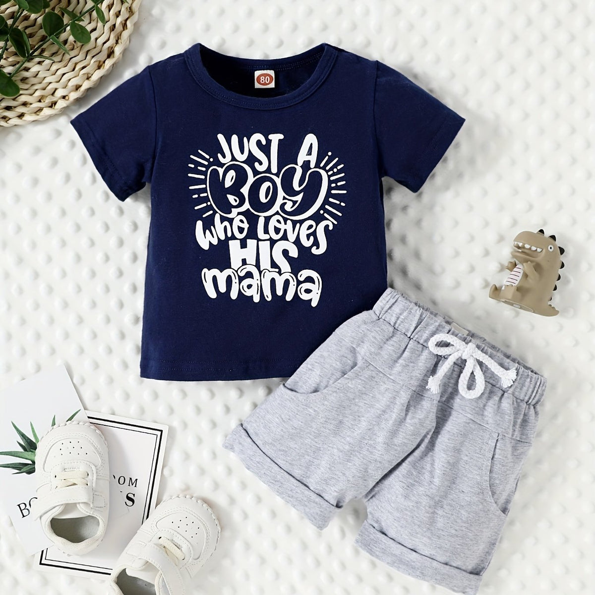 2pcs Baby Boys Just A Boy Who Loves His Mama T shirt & Shorts Set