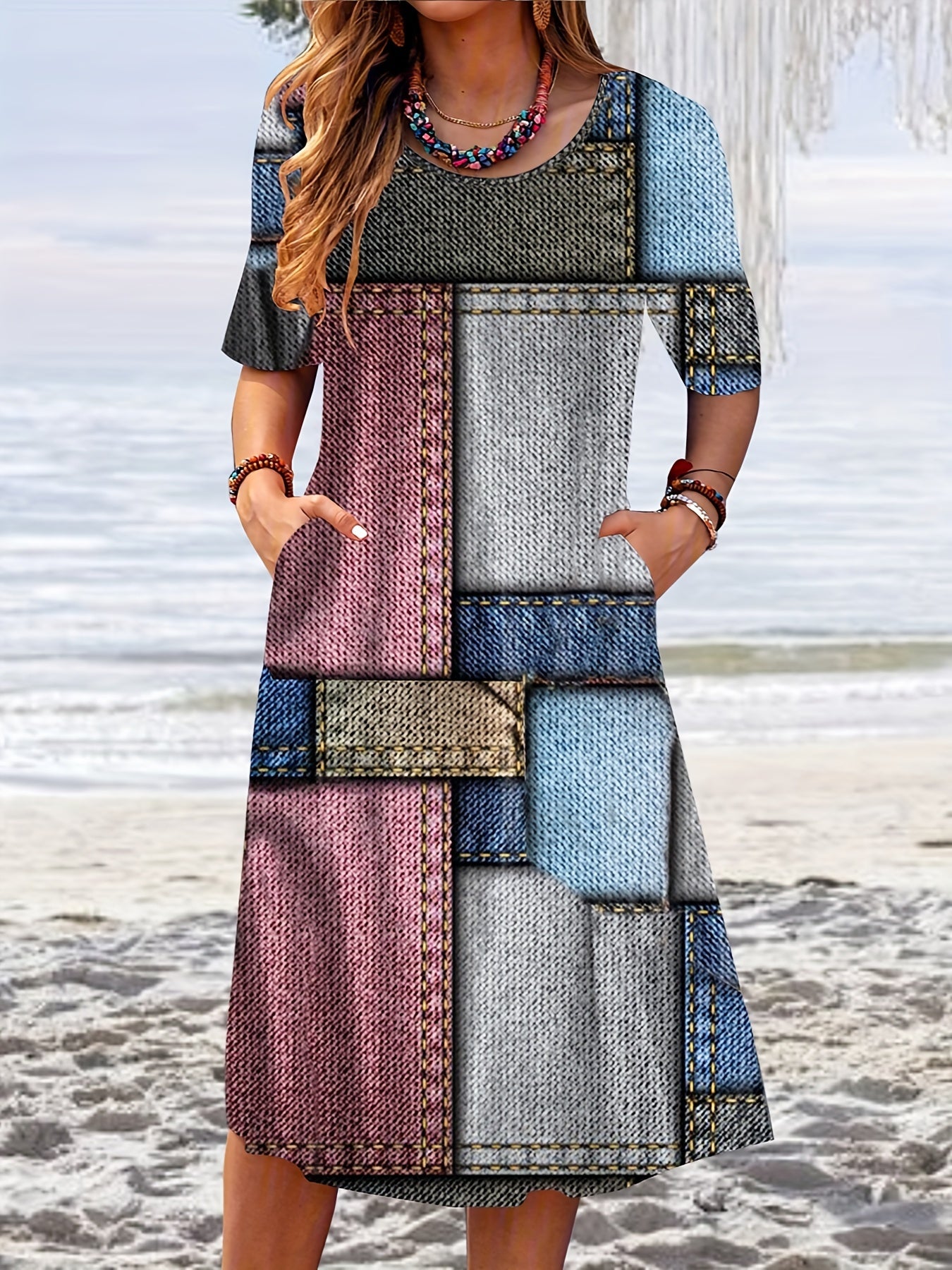  Colorblock Short Sleeve Tee Dress With Pockets