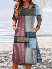  Colorblock Short Sleeve Tee Dress With Pockets