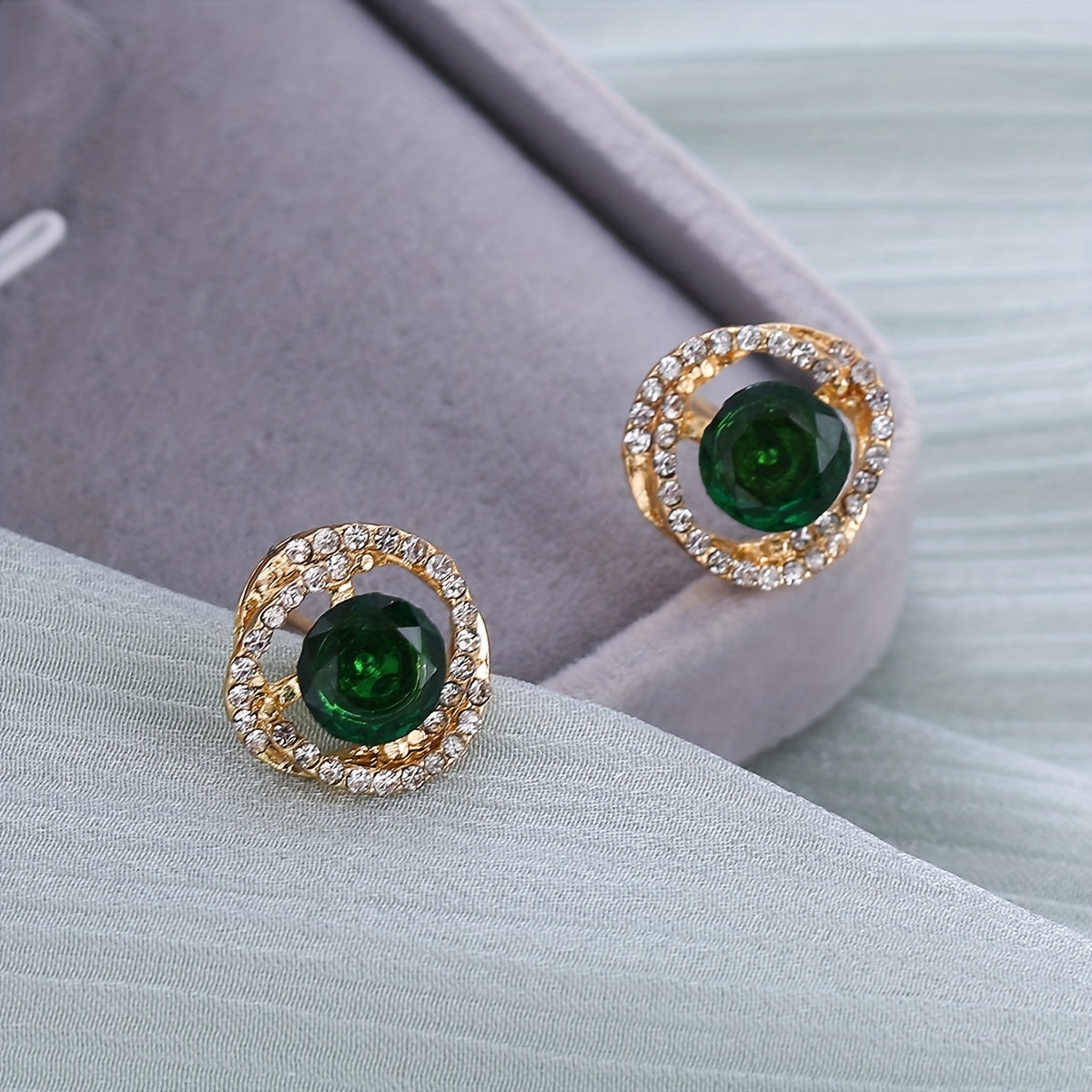 Emerald Crystal Floral Stud Earrings Retro Style 18K Plated Jewelry