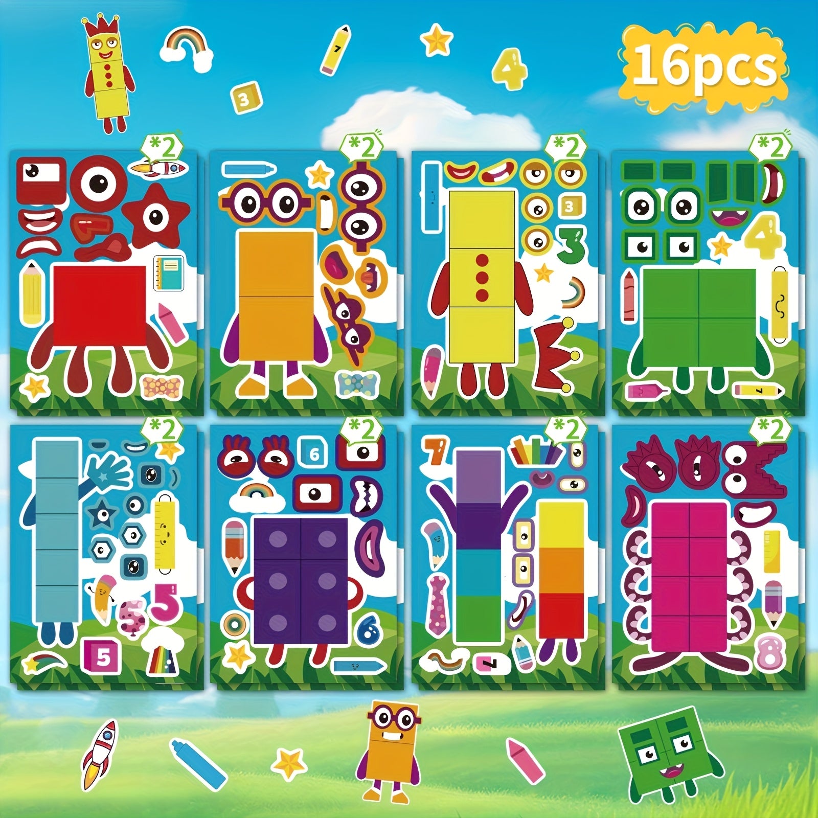 16pcs DIY Stickers Cartoon Faces Animals Stars & Party Designs