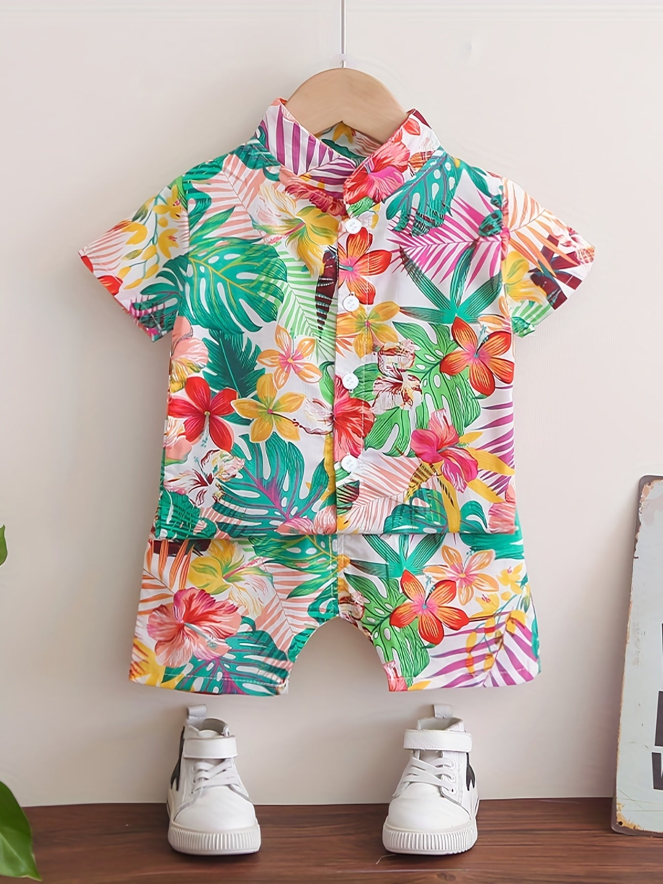Boys Leaf & Flower Print Outfit Shirt & Shorts Kids Summer Clothes Sets