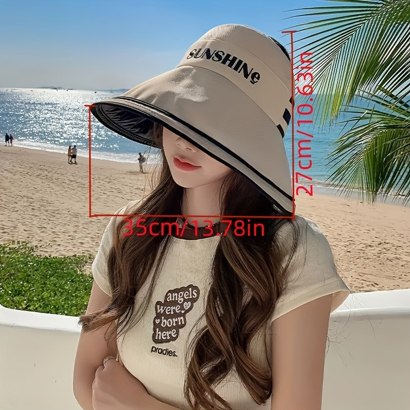 Sunshine Embroidery Ponytail Visor Hat Wide Brim UV Protection Sun Hat