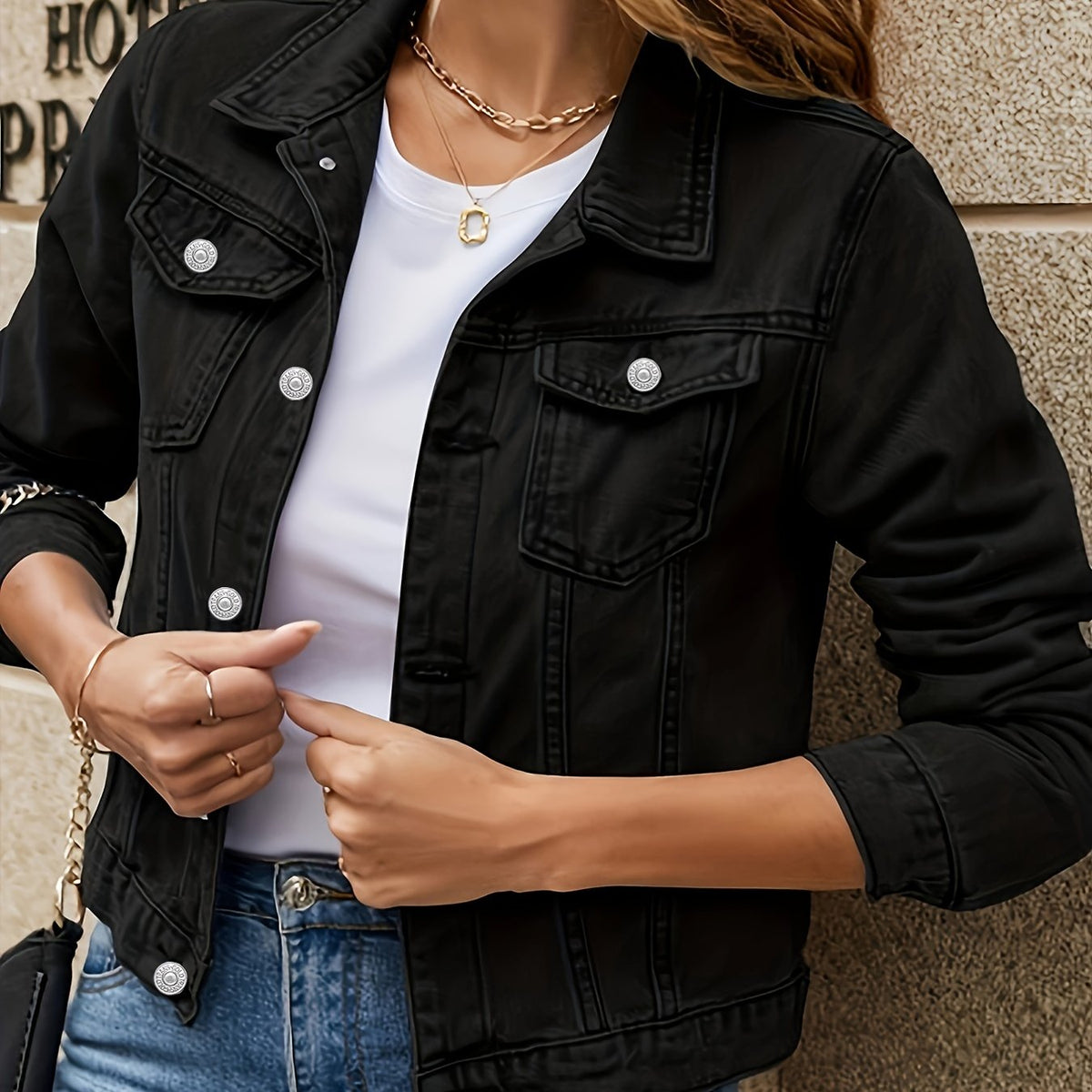 Long Sleeves Lapel Denim Jackets Flap Pockets Single Breasted Button