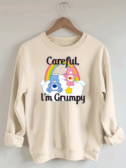 Bear Print Sweatshirt Crew Neck for Fall & Winter