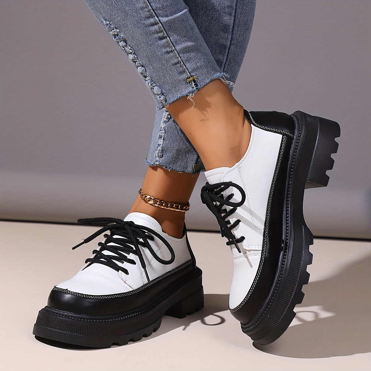 Colorblock Platform Sneakers Lace Up Loafers Low Top Shoes