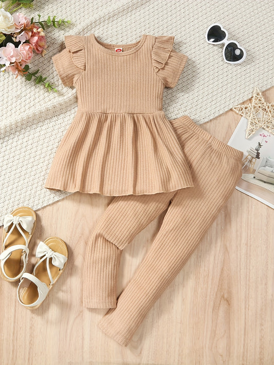 2pcs Toddler Girls Ruffle Peplum Tops & Elastic Waist Pants Set