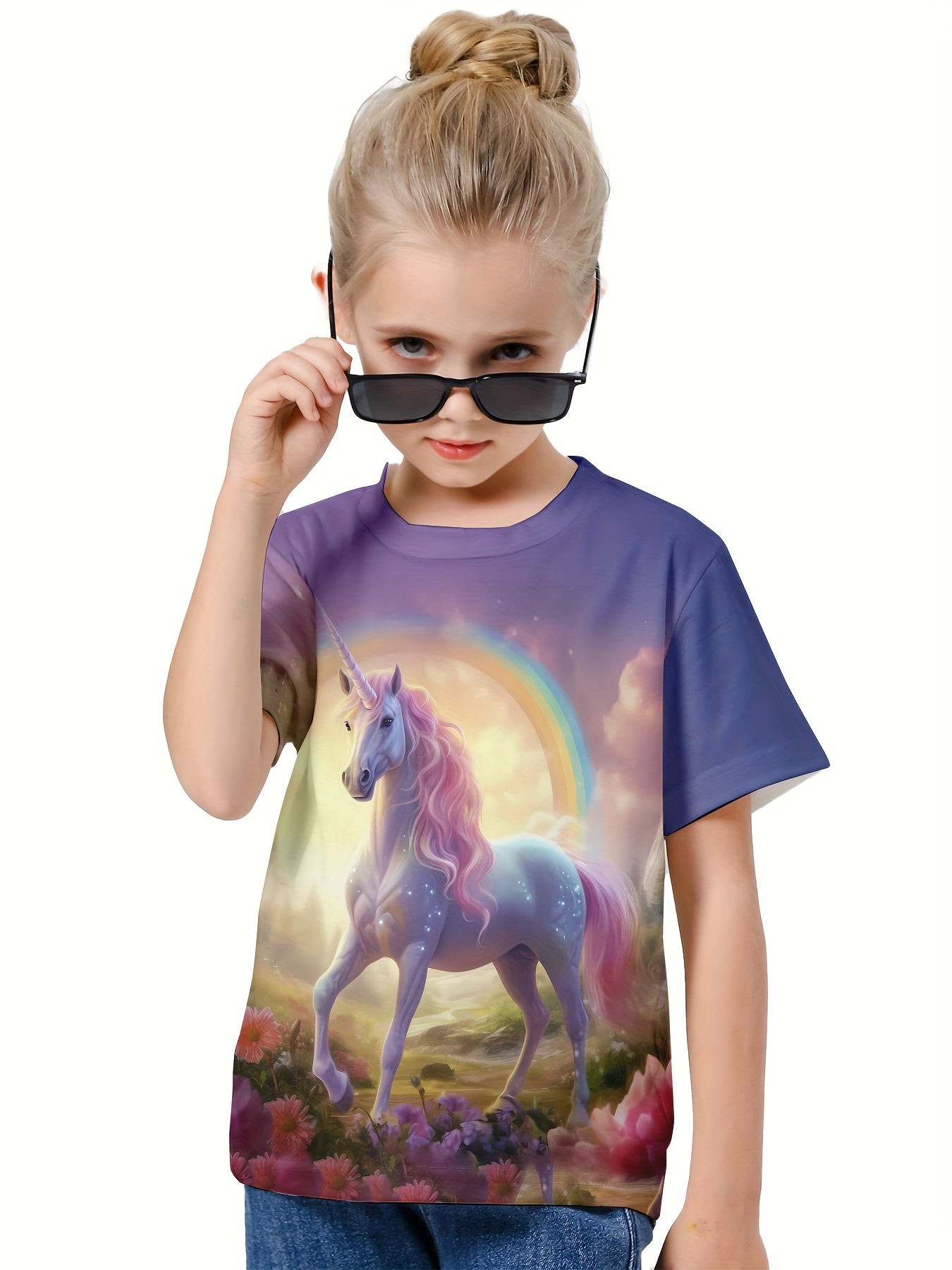 3D Forest Unicorn Graphic Short Sleeve T-shirt for Girls