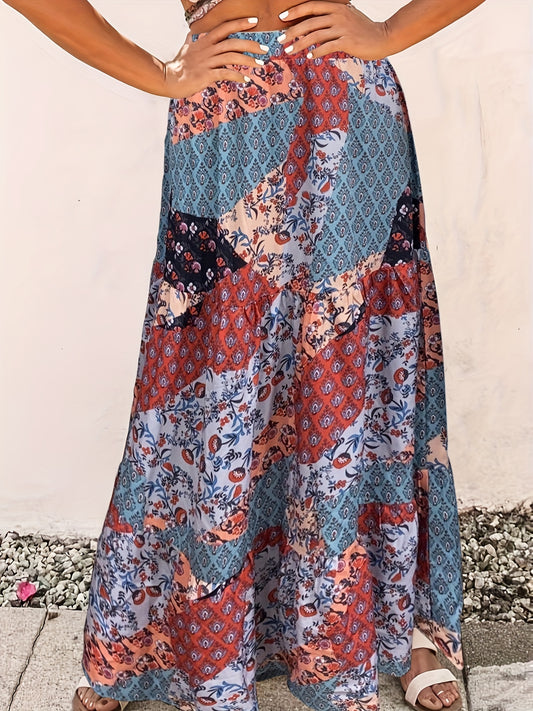  Boho Skirt Women's Plus Floral Print Pleated Maxi Skirt