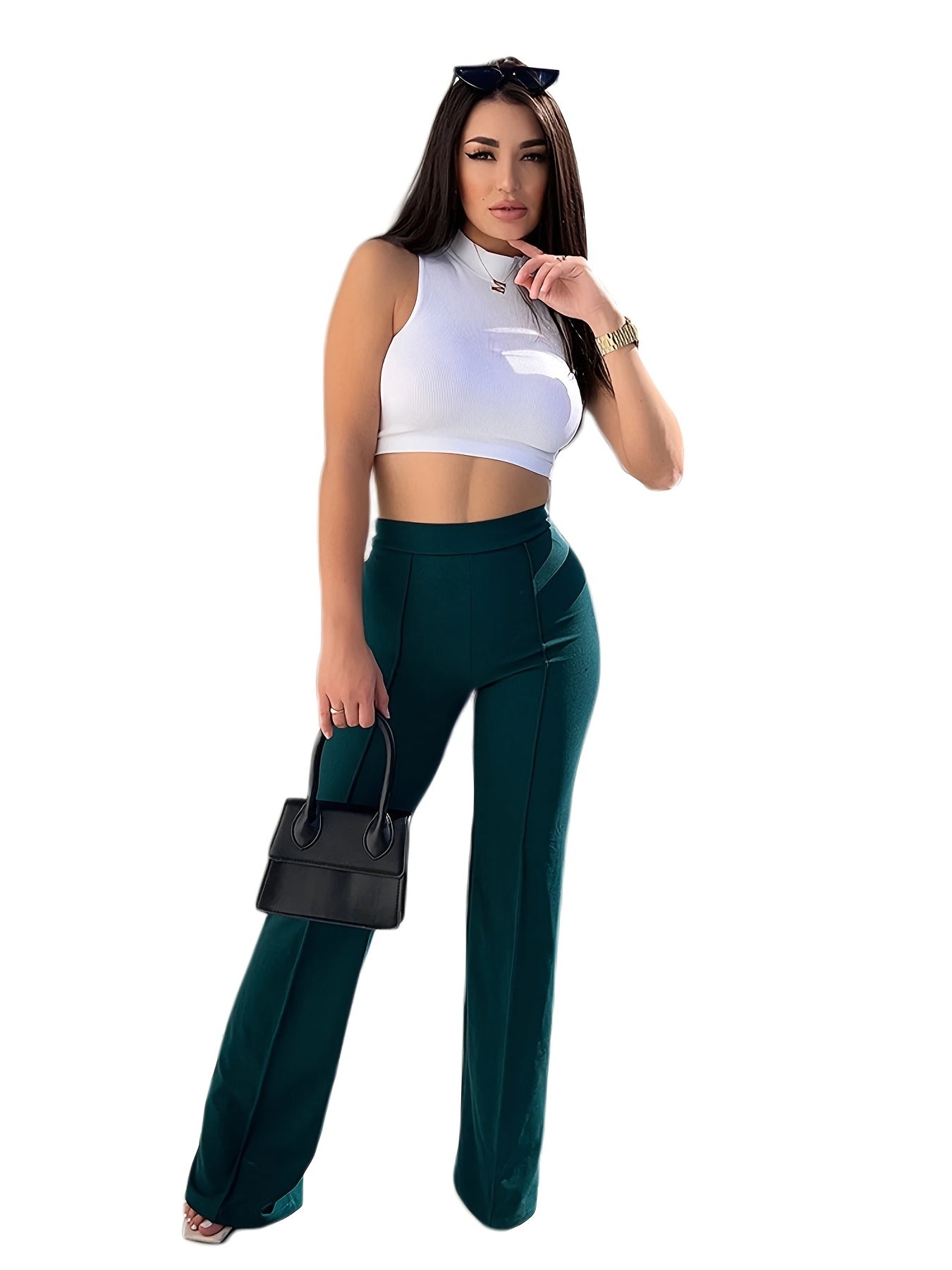 High Waist Elastic Wide Leg Pants Slim Fit Long Length