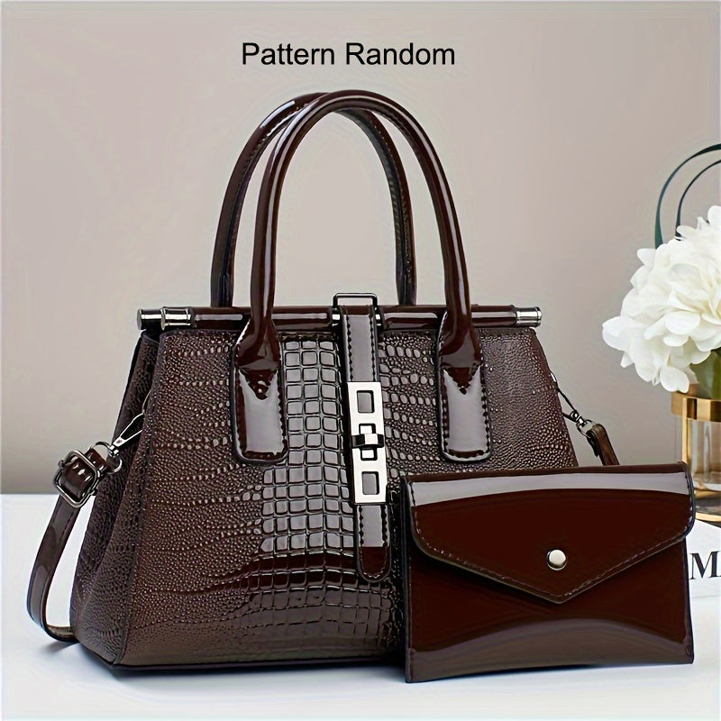 Crocodile PU Leather Tote Bag Set with Clutch - 2 Piece Lady Purse