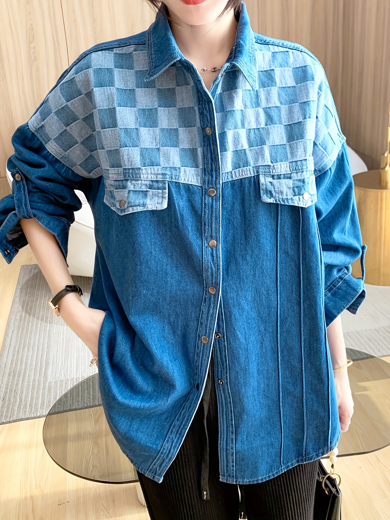  Colorblock Checker Print Denim Shacket