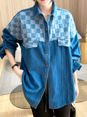  Colorblock Checker Print Denim Shacket