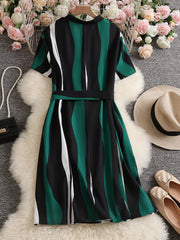  Women's Stripe Print Notched Neck Cap Sleeve Mini Dress