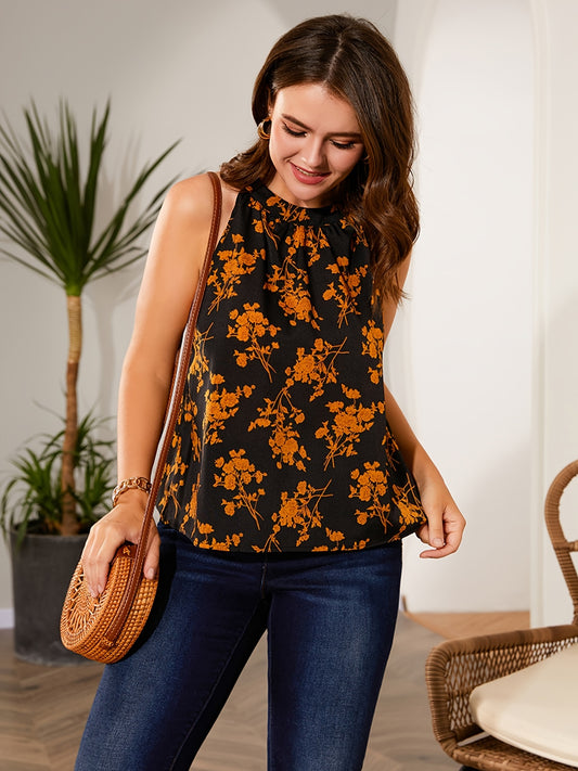 Floral Print Round Neck Tank Top, Plus Size