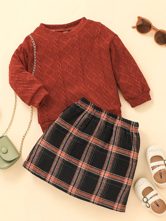 Girl's Knitted Jacquard Sweatshirt & Plaid Skirt Set for Spring Autumn