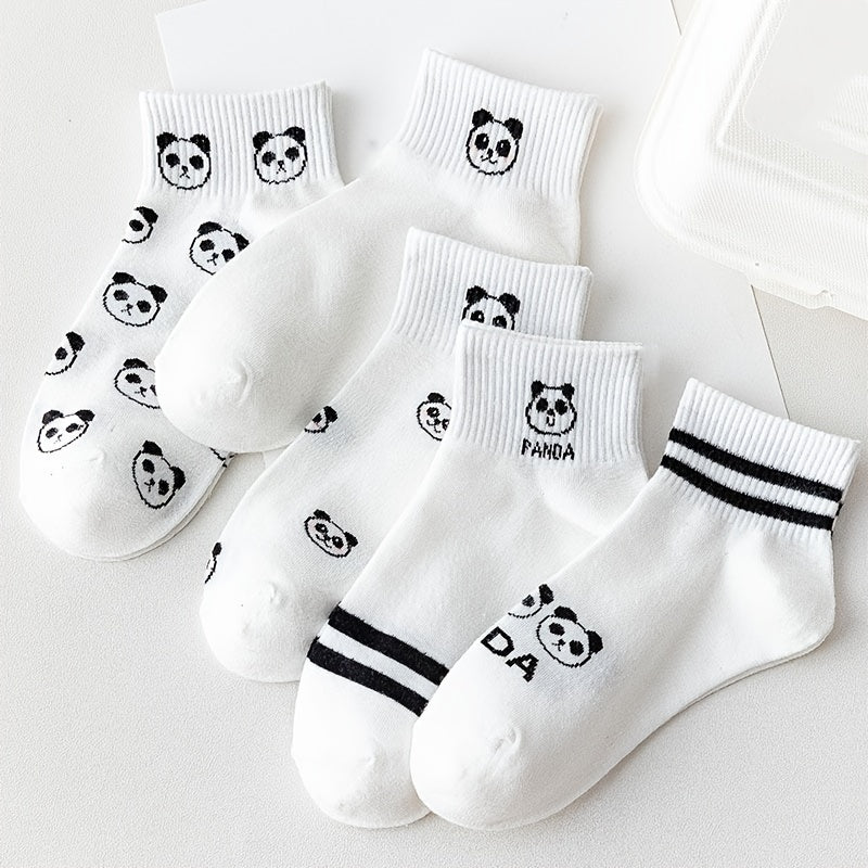 5 Pairs Women's Panda Print Cotton Ankle Socks