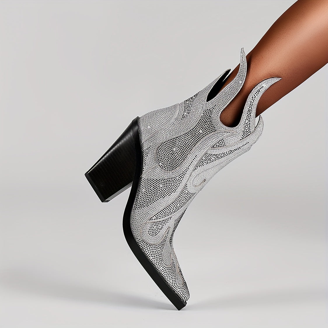 Rhinestone Pointed Toe Ankle Boots Chunky Heels Short Boots