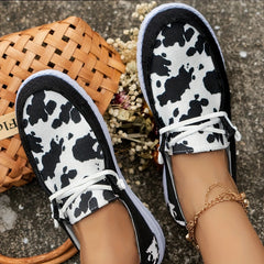 Women's Cow Pattern Canvas Shoes Casual Lace Up Outdoor Sneakers