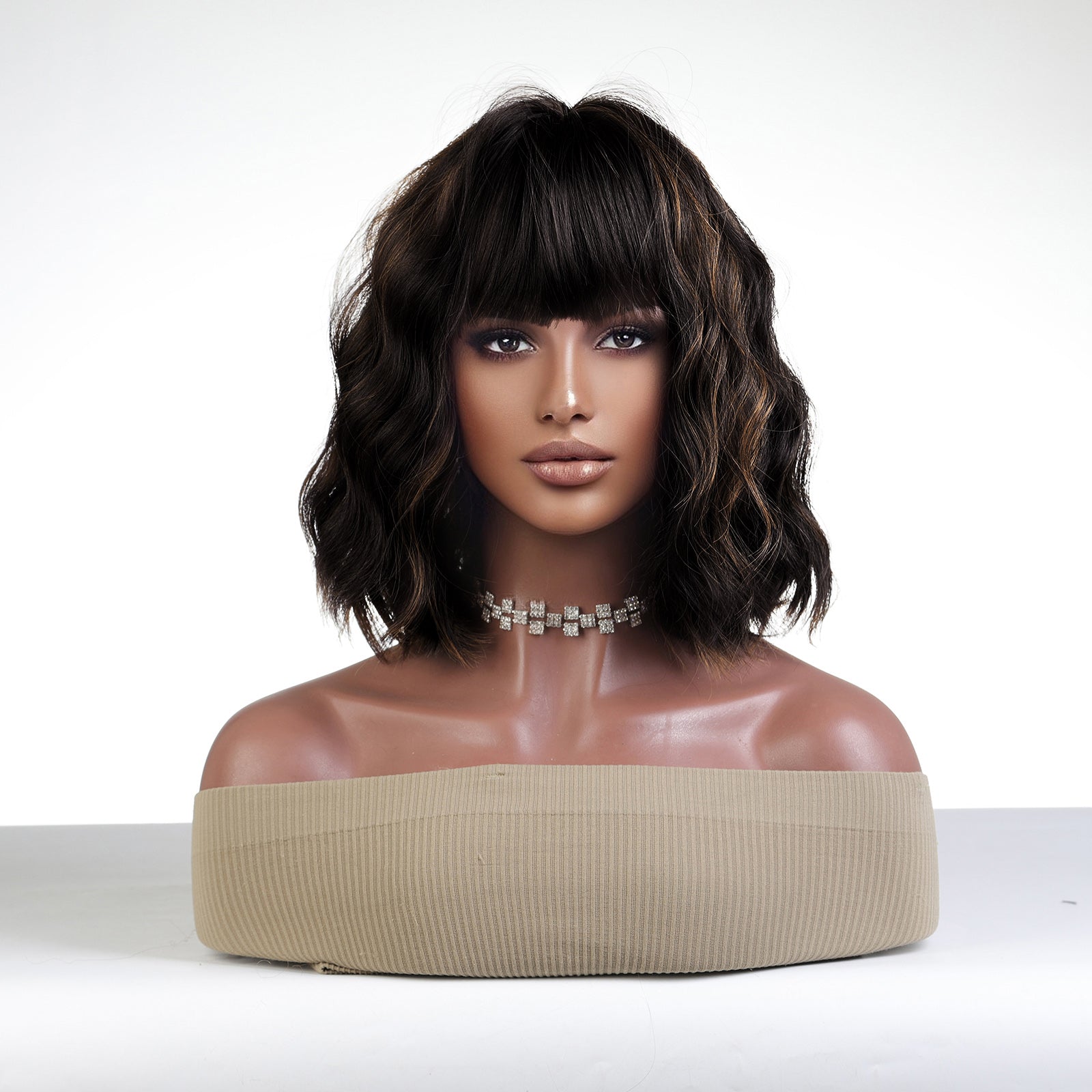Short Bob Wavy Curly Wig With Bangs Heat Resistant Hair Wigs