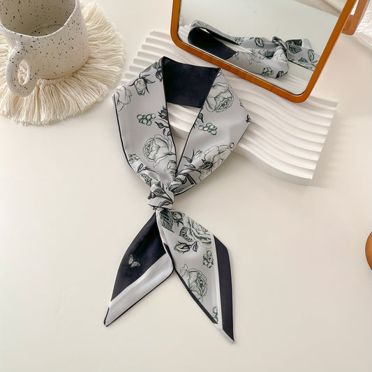 Flower Print Skinny Scarf Double Side Long Ribbon Neckerchief Satin Twilly Scarf