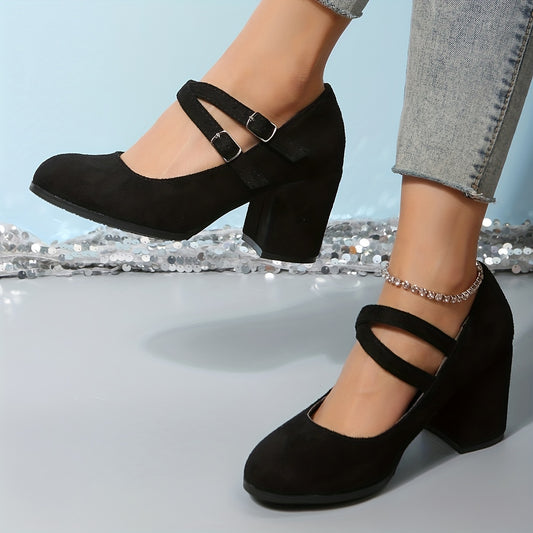 Women's Block Heels Double Buckle Strap Pumps Work Shoes