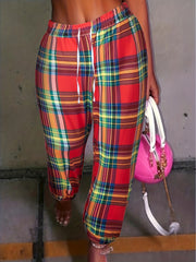  Plaid Print Elastic Drawstring Trousers