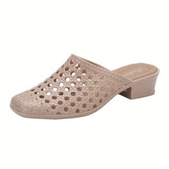Women's Hollow Out Slides Block Heel Shoes Breathable Summer Shoes