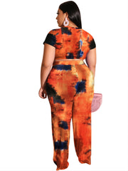  Tie Dye Knot Front Crop Top & Sweatpants Set Women's Plus