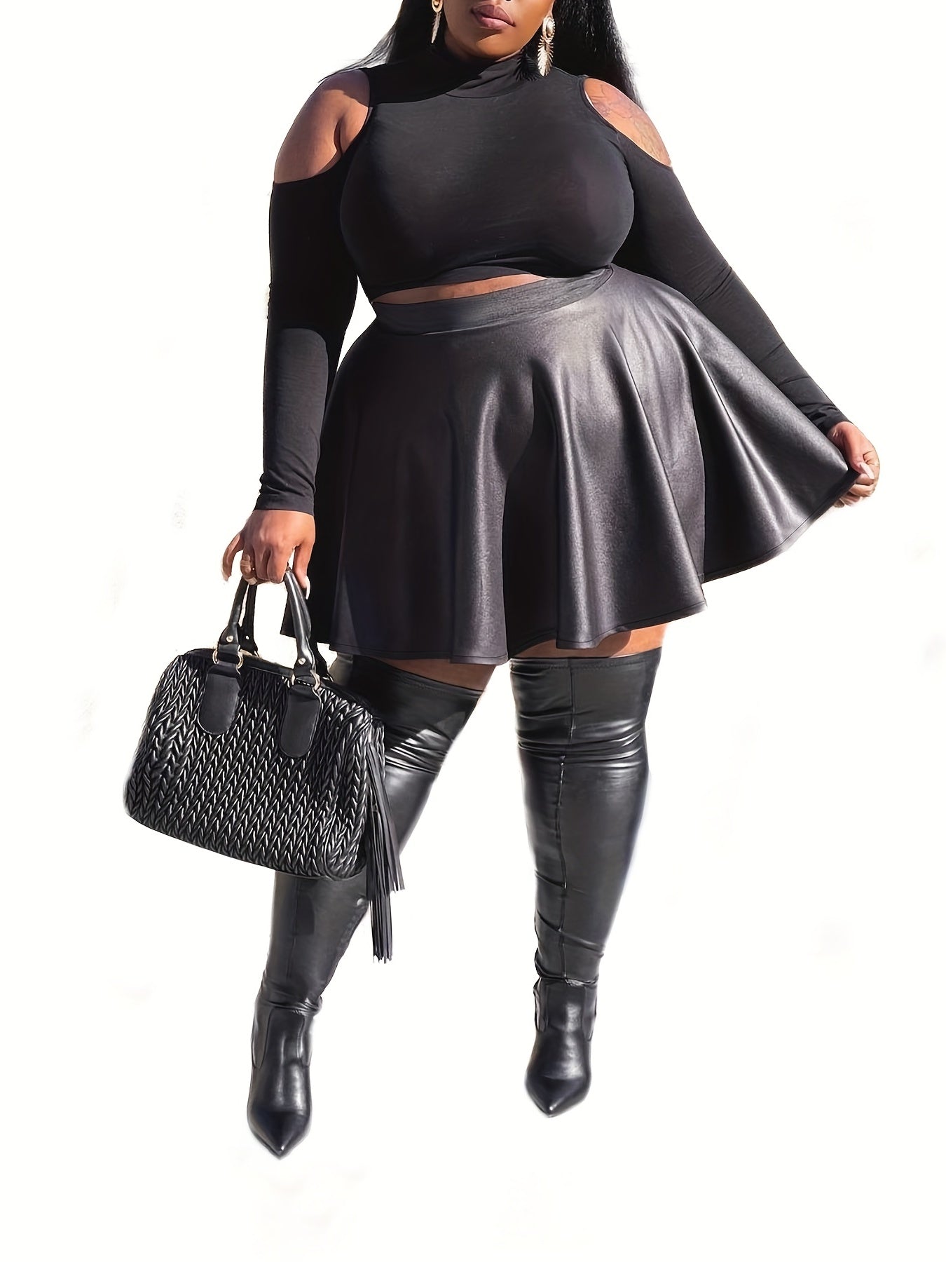 Solid High Rise Faux Leather A-line Skirt