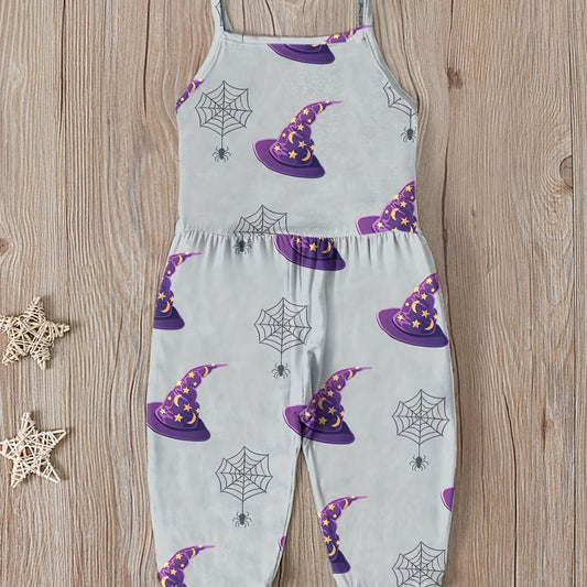 Toddler Girls Witch Hat Prints Halloween Cami Jumpsuit Romper