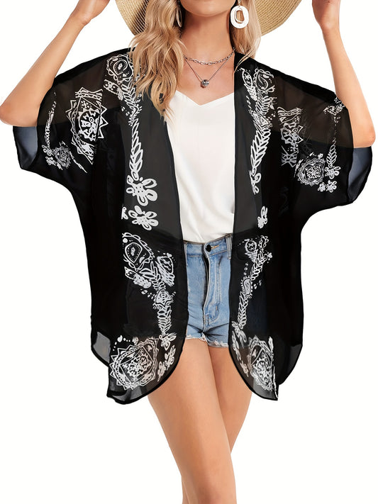 Semi Sheer V Neck Print Cover Up Shirt for Women